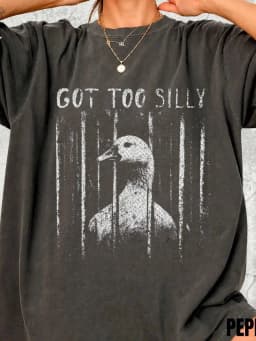 2026 Fashion New Arrival Funny Meme Graphic Tee Loose Fit Vintage Washed Charcoal Crew Neck Short‑Sleeve T‑Shirt With Got Too Silly Goose Behind Bars Jail Humor Print Soft Casual Top For Daily Wear Hangout And Novelty Gift