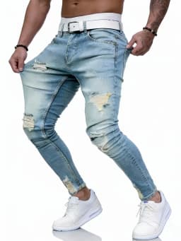 Popular European and American Light Blue Ripped Stretch Jeans