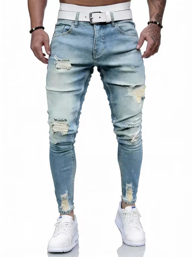 Popular European and American Light Blue Ripped Stretch Jeans