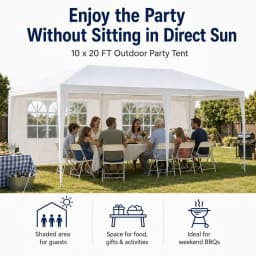 10 X 20 FT Outdoor Party Canopy Tent in White, with Removable Window Sidewalls, Ropes, and Stakes — Ldeal for Backyard Events, Weddings, Graduations, Picnics, and Outdoor Dining.