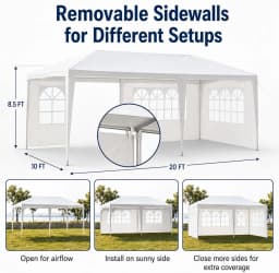 10 X 20 FT Outdoor Party Canopy Tent in White, with Removable Window Sidewalls, Ropes, and Stakes — Ldeal for Backyard Events, Weddings, Graduations, Picnics, and Outdoor Dining.