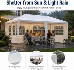 10 X 20 FT Outdoor Party Canopy Tent in White, with Removable Window Sidewalls, Ropes, and Stakes — Ldeal for Backyard Events, Weddings, Graduations, Picnics, and Outdoor Dining.