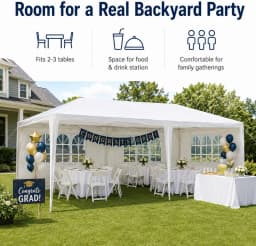 10 X 20 FT Outdoor Party Canopy Tent in White, with Removable Window Sidewalls, Ropes, and Stakes — Ldeal for Backyard Events, Weddings, Graduations, Picnics, and Outdoor Dining.