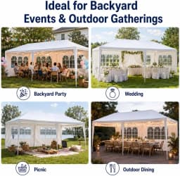10 X 20 FT Outdoor Party Canopy Tent in White, with Removable Window Sidewalls, Ropes, and Stakes — Ldeal for Backyard Events, Weddings, Graduations, Picnics, and Outdoor Dining.