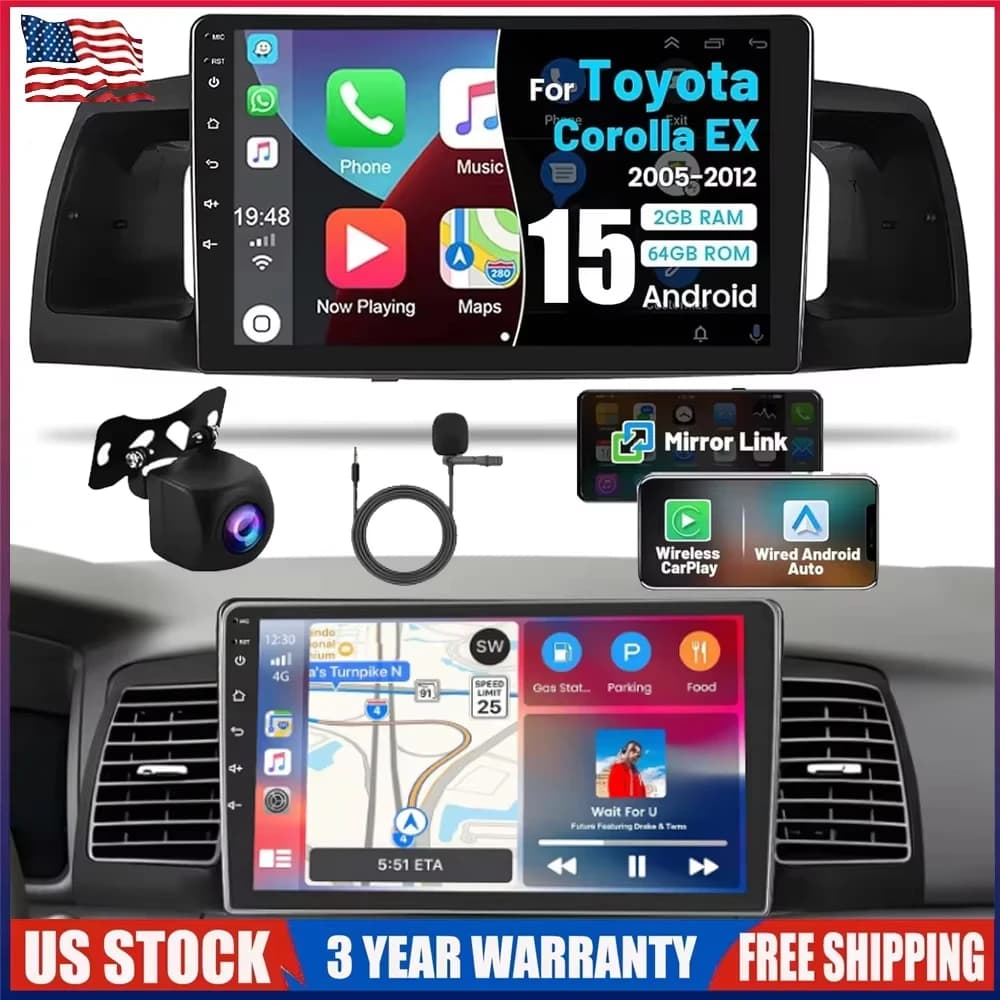 New 9 Inch Android 15 Double Din Car Stereo 2GB+64GB Touch Screen Car Radio Multimedia Video Player for Toyota Corolla EX 2005‑2012 Wireless Carplay & Android Auto GPS Navigation Support FM RDS DSP SWC WiFi Bluetooth Mirror Link Split Screen