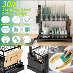 2 Tier Dish Drying Rack For Kitchen Counter Rustproof Dish Drainer With Drainboard Mat Cutlery Utensil Holder Cup Rack Large Capacity Sink Organizer Storage Accessories Space Saver Easy Assembly