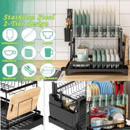 2 Tier Dish Drying Rack For Kitchen Counter Rustproof Dish Drainer With Drainboard Mat Cutlery Utensil Holder Cup Rack Large Capacity Sink Organizer Storage Accessories Space Saver Easy Assembly