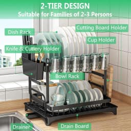 2 Tier Dish Drying Rack For Kitchen Counter Rustproof Dish Drainer With Drainboard Mat Cutlery Utensil Holder Cup Rack Large Capacity Sink Organizer Storage Accessories Space Saver Easy Assembly