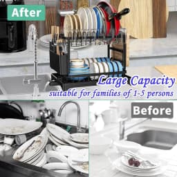 2 Tier Dish Drying Rack For Kitchen Counter Rustproof Dish Drainer With Drainboard Mat Cutlery Utensil Holder Cup Rack Large Capacity Sink Organizer Storage Accessories Space Saver Easy Assembly