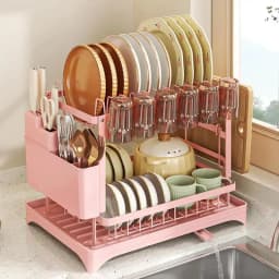 2 Tier Dish Drying Rack For Kitchen Counter Rustproof Dish Drainer With Drainboard Mat Cutlery Utensil Holder Cup Rack Large Capacity Sink Organizer Storage Accessories Space Saver Easy Assembly