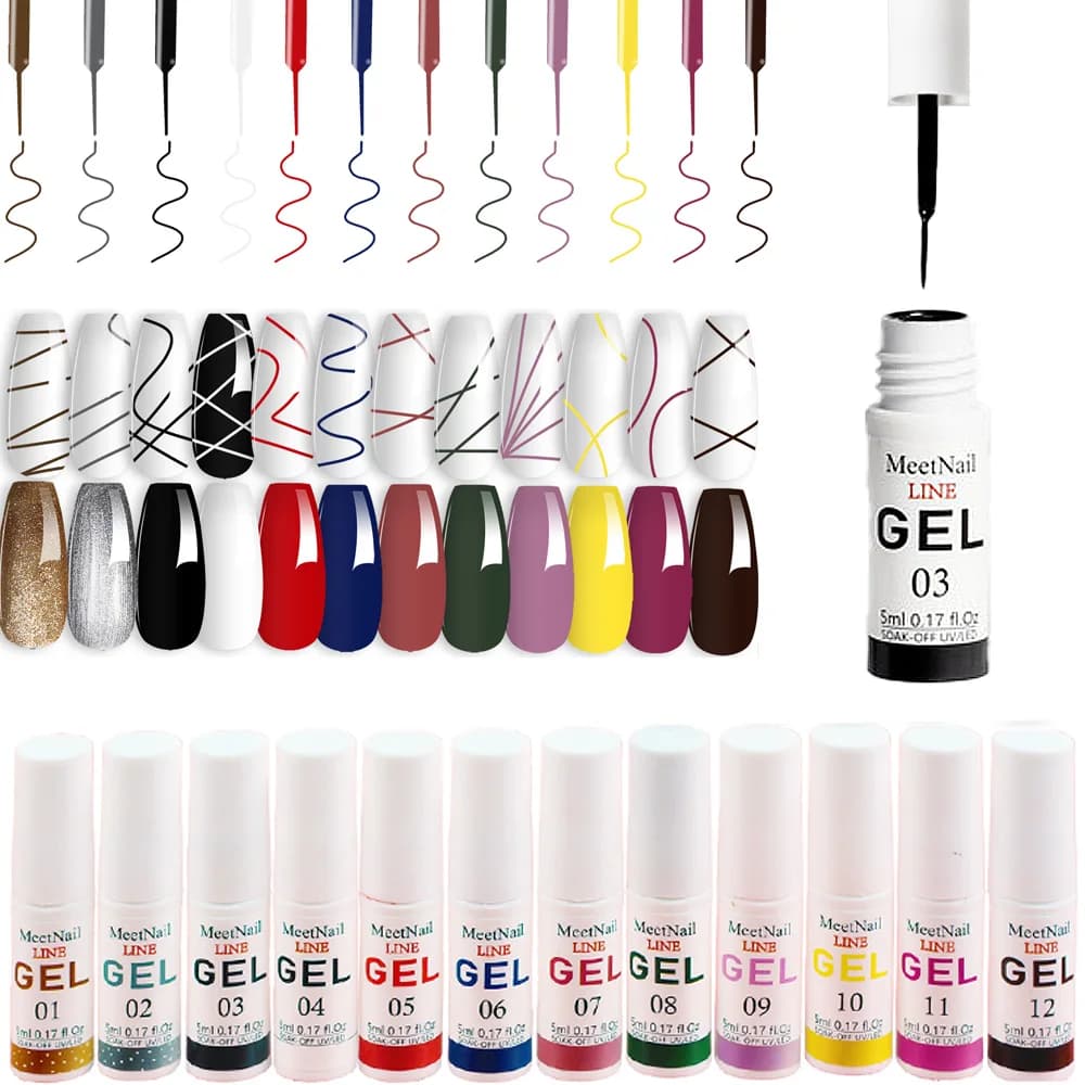 12 Colors Gel Liner Nail Polish Kit, 2in1 Ultra-fine Brush UV Gel, Line Art Drawing for Home Salon Nail Art DIY Use
