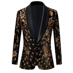 Men Black Velvet Blazer Gold Floral Embroidery Shawl Lapel Slim Fit Jacket Wedding Groom Tuxedo For Party Prom