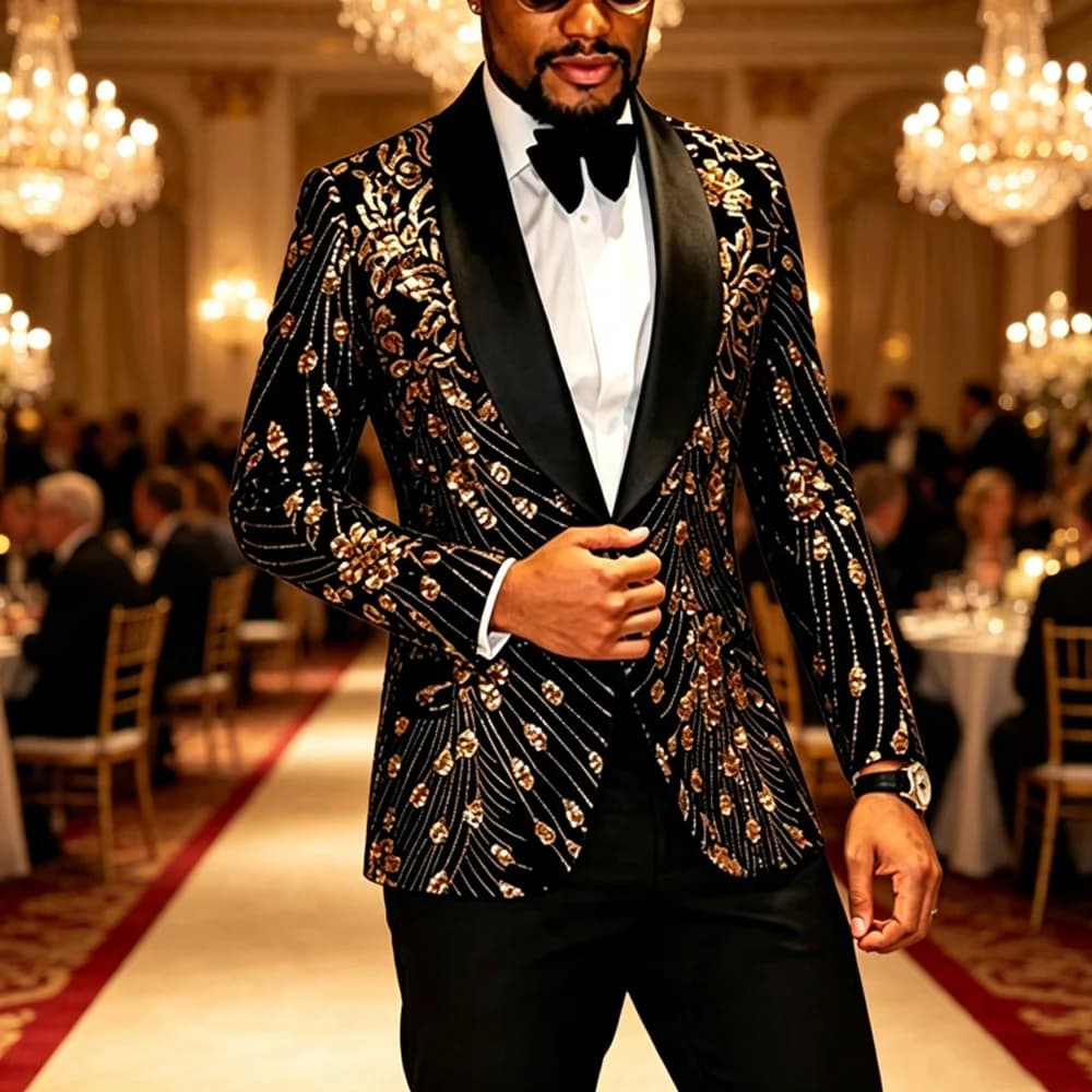 Men Black Velvet Blazer Gold Floral Embroidery Shawl Lapel Slim Fit Jacket Wedding Groom Tuxedo For Party Prom