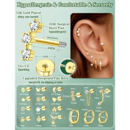 18 Pairs Hypoallergenic Flat Back Earrings Cartilage Earring Stacks 14K Gold Plated Surgical Steel, Dainty Small Hoops Earrings Set for Sensitive Ears Women's Jewelry Gift