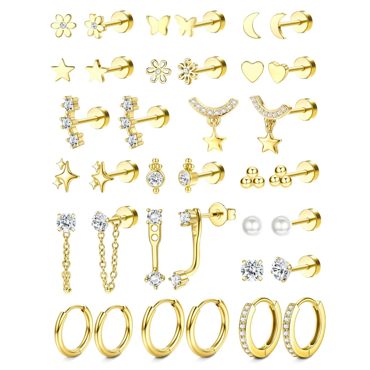 18 Pairs Hypoallergenic Flat Back Earrings Cartilage Earring Stacks 14K Gold Plated Surgical Steel, Dainty Small Hoops Earrings Set for Sensitive Ears Women's Jewelry Gift