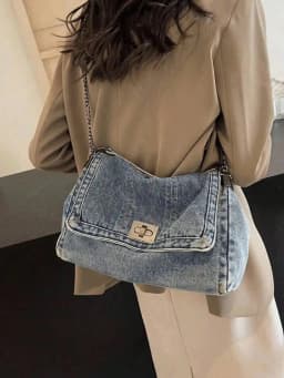 Fashion Classic Joker Solid Color Retro Wash Jeans Material Shoulder Bag with Metal Chain Quilted Embroidery Thread Large-Capacity for Shopping And Outings
