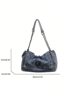 Fashion Classic Joker Solid Color Retro Wash Jeans Material Shoulder Bag with Metal Chain Quilted Embroidery Thread Large-Capacity for Shopping And Outings