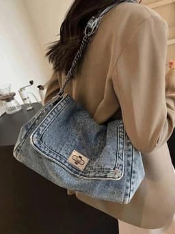 Fashion Classic Joker Solid Color Retro Wash Jeans Material Shoulder Bag with Metal Chain Quilted Embroidery Thread Large-Capacity for Shopping And Outings