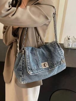 Fashion Classic Joker Solid Color Retro Wash Jeans Material Shoulder Bag with Metal Chain Quilted Embroidery Thread Large-Capacity for Shopping And Outings