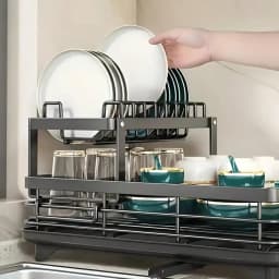 2-Tier Black Retractable Dish Rack, Suitable For Kitchen Countertops; Large Dish Rack Features A Pot Rack, Cup Rack, And Bowl Rack; Ideal For Use On Kitchen Countertops And Over Sinks; High-Capacity Storage Rack With Drain Tray