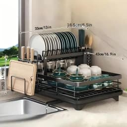 2-Tier Black Retractable Dish Rack, Suitable For Kitchen Countertops; Large Dish Rack Features A Pot Rack, Cup Rack, And Bowl Rack; Ideal For Use On Kitchen Countertops And Over Sinks; High-Capacity Storage Rack With Drain Tray