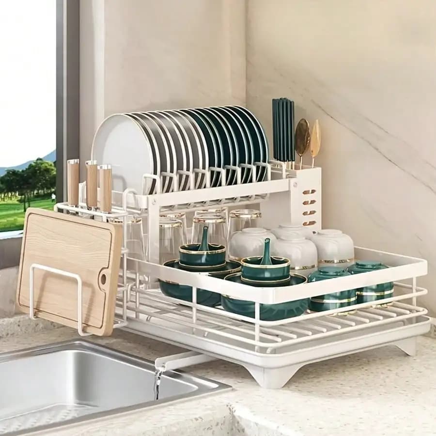 2-Tier Black Retractable Dish Rack, Suitable For Kitchen Countertops; Large Dish Rack Features A Pot Rack, Cup Rack, And Bowl Rack; Ideal For Use On Kitchen Countertops And Over Sinks; High-Capacity Storage Rack With Drain Tray
