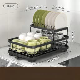2-Tier Black Retractable Dish Rack, Suitable For Kitchen Countertops; Large Dish Rack Features A Pot Rack, Cup Rack, And Bowl Rack; Ideal For Use On Kitchen Countertops And Over Sinks; High-Capacity Storage Rack With Drain Tray