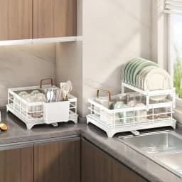 2-Tier Black Retractable Dish Rack, Suitable For Kitchen Countertops; Large Dish Rack Features A Pot Rack, Cup Rack, And Bowl Rack; Ideal For Use On Kitchen Countertops And Over Sinks; High-Capacity Storage Rack With Drain Tray