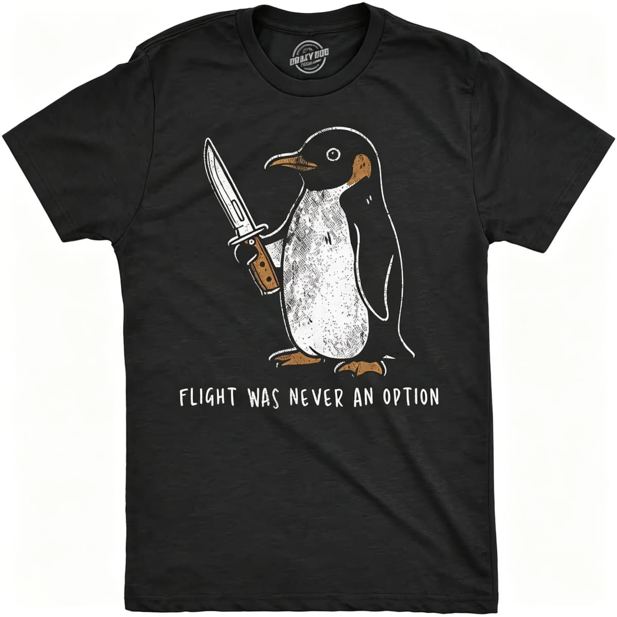 Flight Was Never An Option Graphic T‑Shirt, Funny Penguin Holding Knife Vintage Distressed Print Tee, Hilarious Sarcastic Animal Casual Short Sleeve T‑Shirt