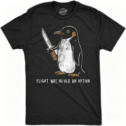 Flight Was Never An Option Graphic T‑Shirt, Funny Penguin Holding Knife Vintage Distressed Print Tee, Hilarious Sarcastic Animal Casual Short Sleeve T‑Shirt