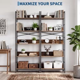 5 Tier Tall Bookshelf With Metal Frame and Wood Shelves, Industrial Bookcase Open Display Storage Rack For Living Room Bedroom Office