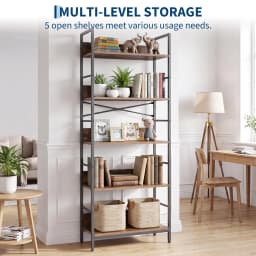 5 Tier Tall Bookshelf With Metal Frame and Wood Shelves, Industrial Bookcase Open Display Storage Rack For Living Room Bedroom Office
