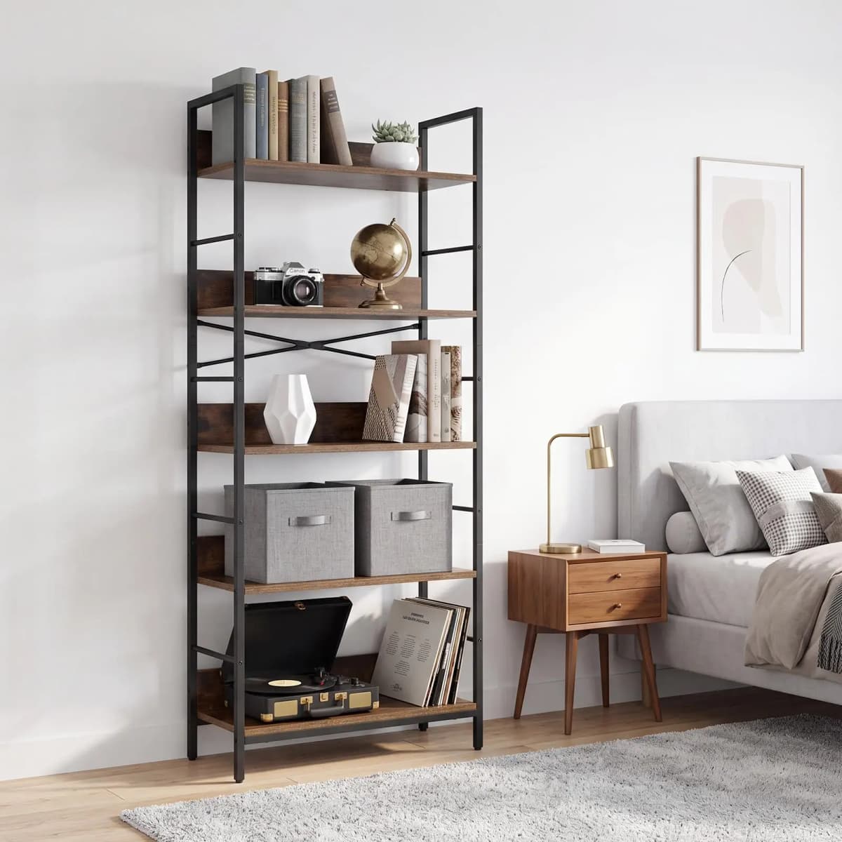 5 Tier Tall Bookshelf With Metal Frame and Wood Shelves, Industrial Bookcase Open Display Storage Rack For Living Room Bedroom Office