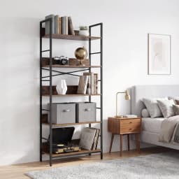5 Tier Tall Bookshelf With Metal Frame and Wood Shelves, Industrial Bookcase Open Display Storage Rack For Living Room Bedroom Office
