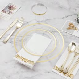 Free Shipping 700 PCS Clear Gold Plastic Plates And Silverware Set Disposable | Gold Plastic Silverware For 100, Include: 200 Plastic Plates, 100 Gold Silverware, 100 Cups, 100 Napkins For Party, Wedding
