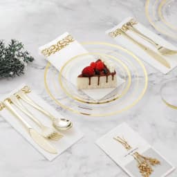 Free Shipping 700 PCS Clear Gold Plastic Plates And Silverware Set Disposable | Gold Plastic Silverware For 100, Include: 200 Plastic Plates, 100 Gold Silverware, 100 Cups, 100 Napkins For Party, Wedding