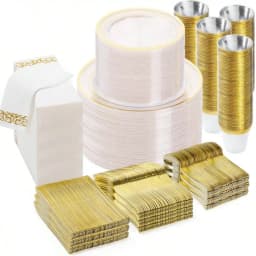Free Shipping 700 PCS Clear Gold Plastic Plates And Silverware Set Disposable | Gold Plastic Silverware For 100, Include: 200 Plastic Plates, 100 Gold Silverware, 100 Cups, 100 Napkins For Party, Wedding