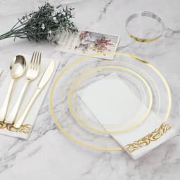 Free Shipping 700 PCS Clear Gold Plastic Plates And Silverware Set Disposable | Gold Plastic Silverware For 100, Include: 200 Plastic Plates, 100 Gold Silverware, 100 Cups, 100 Napkins For Party, Wedding
