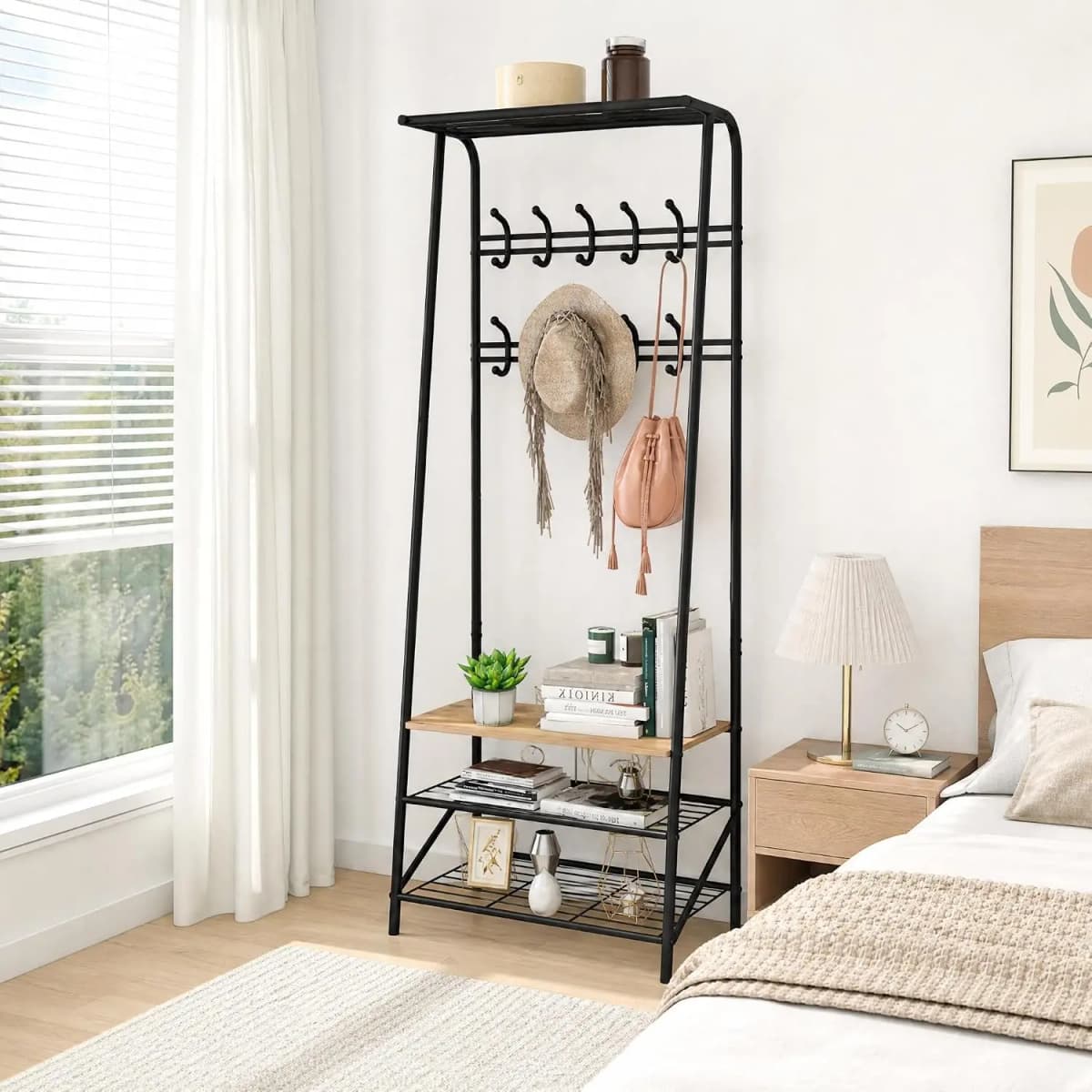 Coat Rack, Hall Tree with Bench and Shoe Storage,Entryway Bench with Coat Rack, 5 Hooks and 3 Tier Shoe Storage, Metal Frame for Entryway, Hallway, Front Door