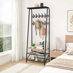 Coat Rack, Hall Tree with Bench and Shoe Storage,Entryway Bench with Coat Rack, 5 Hooks and 3 Tier Shoe Storage, Metal Frame for Entryway, Hallway, Front Door