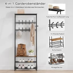 Coat Rack, Hall Tree with Bench and Shoe Storage,Entryway Bench with Coat Rack, 5 Hooks and 3 Tier Shoe Storage, Metal Frame for Entryway, Hallway, Front Door