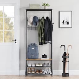 Coat Rack, Hall Tree with Bench and Shoe Storage,Entryway Bench with Coat Rack, 5 Hooks and 3 Tier Shoe Storage, Metal Frame for Entryway, Hallway, Front Door