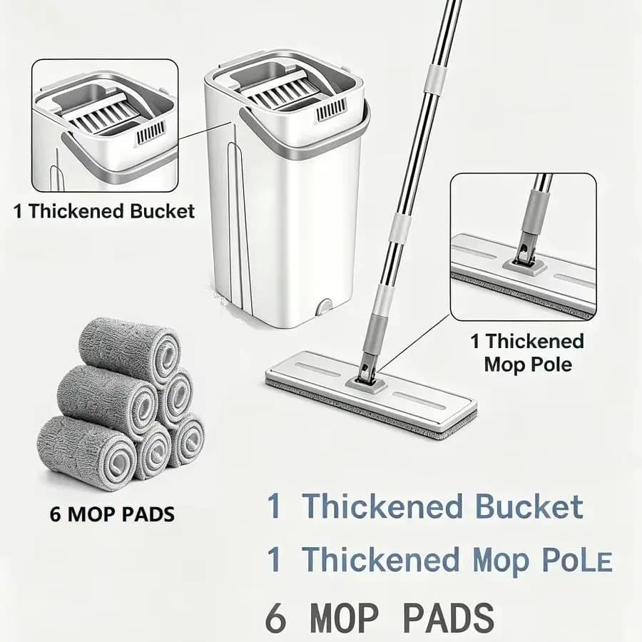 PokEpic 1PC Upgrade Mop And Bucket With Wringer Set, Flat Floor Cleaning Mop System With 6 Reusable Microfiber Pads, Wet Dry Household Cleaning Tool, Durable Floor Mop For Kitchen Bathroom Home Essentials/sh260429125579894628443