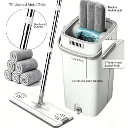 PokEpic 1PC Upgrade Mop And Bucket With Wringer Set, Flat Floor Cleaning Mop System With 6 Reusable Microfiber Pads, Wet Dry Household Cleaning Tool, Durable Floor Mop For Kitchen Bathroom Home Essentials/sh260429125579894628443