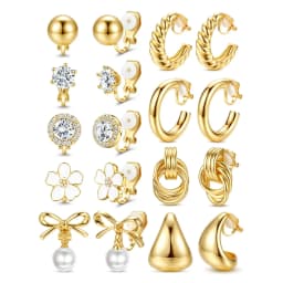 Clip On Earrings for Women 14K Gold Plated Clip Earrings Non Pierced Ears Clips CZ Pearl Knot Twist Chunky Hoop and Studs Earring Set Hypoallergenic Fake Earings Jewelry
