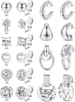 Clip On Earrings for Women 14K Gold Plated Clip Earrings Non Pierced Ears Clips CZ Pearl Knot Twist Chunky Hoop and Studs Earring Set Hypoallergenic Fake Earings Jewelry