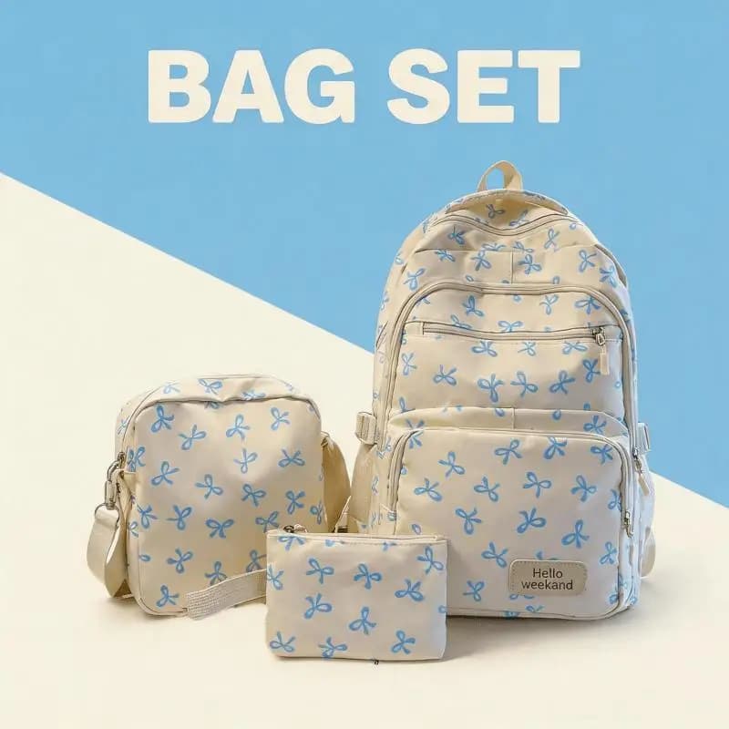 JSERYISGN Korean Bow Print Lightweight Backpack - Simple Schoolbag Set, Student Bag with Cute Bow Motif