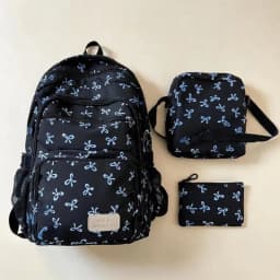JSERYISGN Korean Bow Print Lightweight Backpack - Simple Schoolbag Set, Student Bag with Cute Bow Motif