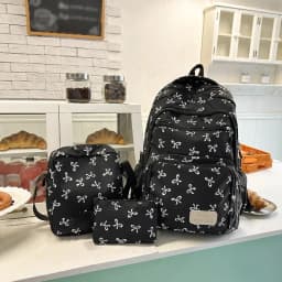 JSERYISGN Korean Bow Print Lightweight Backpack - Simple Schoolbag Set, Student Bag with Cute Bow Motif