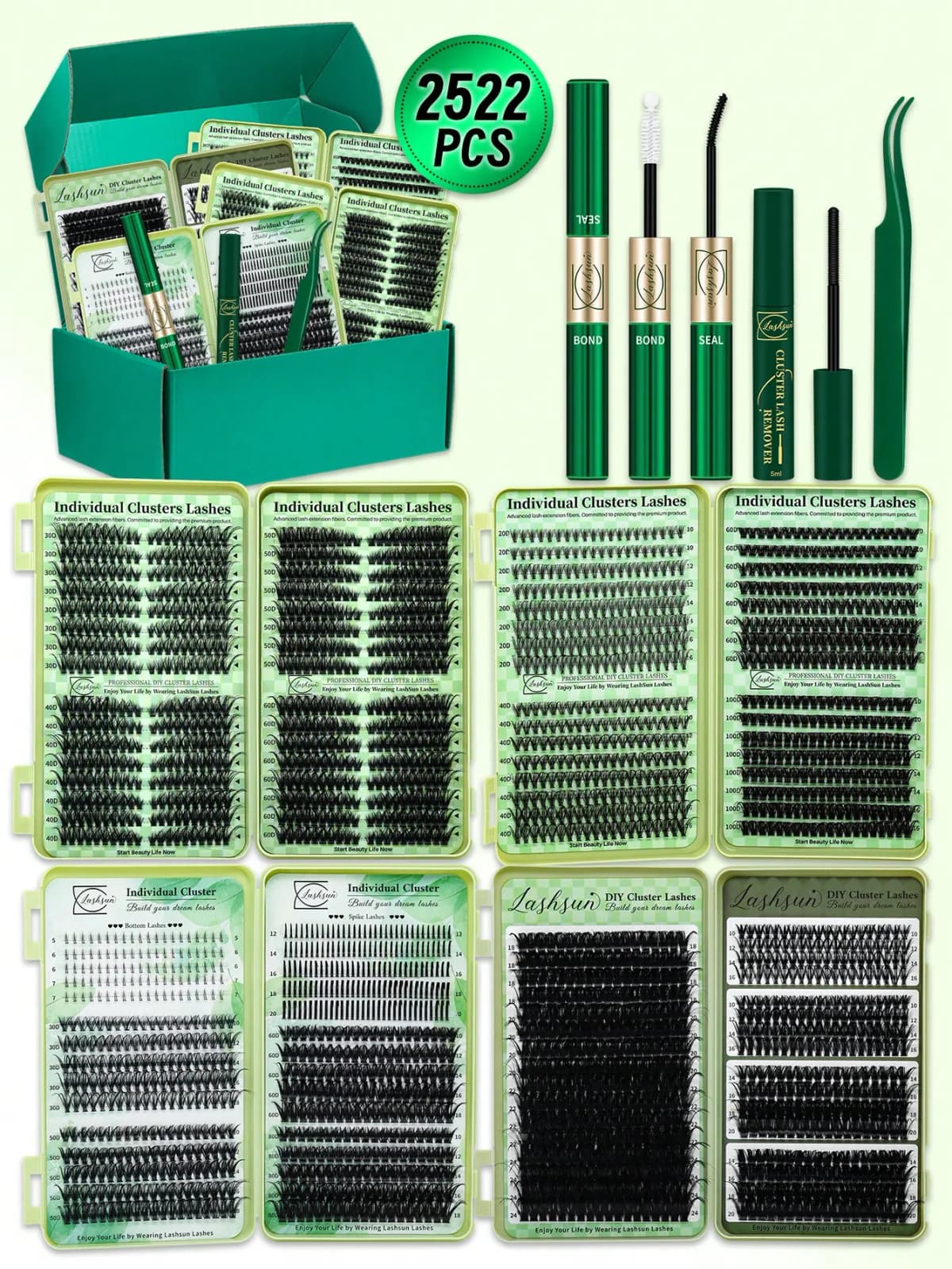 Lashsun 2522pcs Cluster Eyelashes Set, 14 Styles Including Cat Eye, Sheer, Cartoon, Thick, Bottom, Spiky Lashes, With Eyelash Glue, Makeup Remover, Eyelash Curler, Suitable For Beginners And Professionals, Easy DIY At Home, Daily Makeup Application
